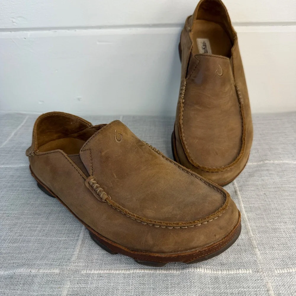 OluKai Moloa Loafer Mens Size 9.5 Brown Leather Slip On Shoe Convertible Slipper
